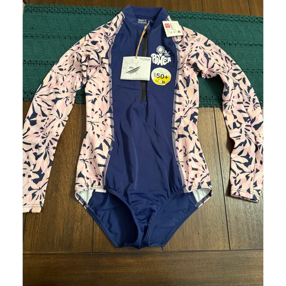 Girls Navy Pink Floral Long Sleeve One Piece Swimsuit UPF 50+ Rash Guard 10-11Y